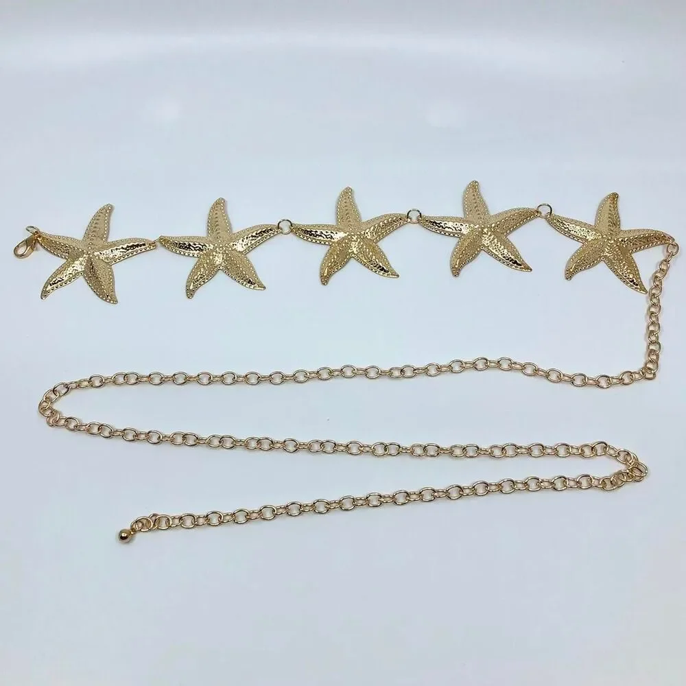 Vintage Y2K Mermaidcore Gold Starfish Chain Belt, Fits 13–44 Inches, X7GA1161